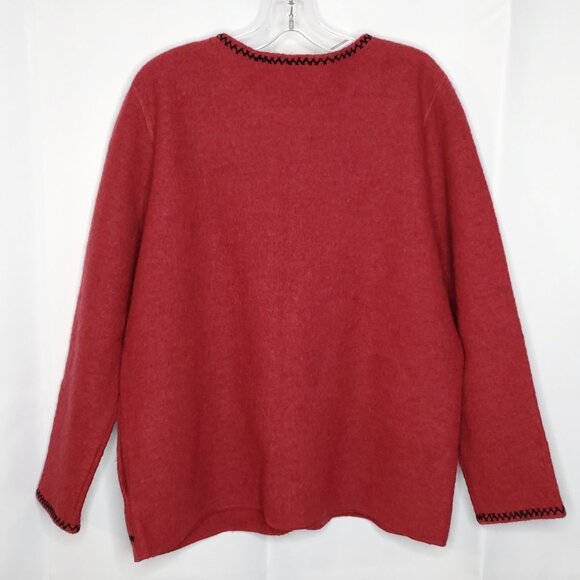 Womens Boiled Wool Cardigan Sweater M Red Black Single Toggle Button Lagenlook - Picture 2 of 4